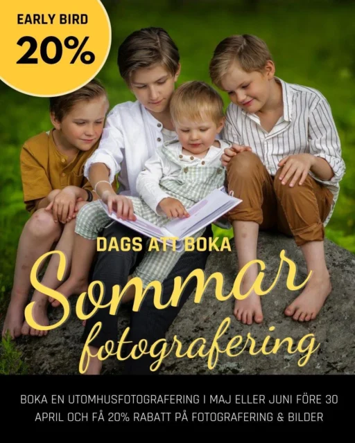 Sakta med säkert kommer solen och värmen tillbaka. Nu är det inte länge kvar tills grönska, varma vindar och fågelsång. Passa på att boka en barn/familjefotografering utomhus i maj eller juni. Det är den perfekta årstiden för fina utebilder. Temperaturen är behaglig, växtligheten har tagit fart och den norrländska solen är uppe länge och ger ett fantastiskt ljus för fina bilder.
Just nu kör jag en ”early bird” special. Om du bokar en utefotografering i maj eller juni före 30 april så får du 20% rabatt på både fotografering och bilder. Välkommen med din bokningsförfrågan via fotonord.se Vi hörs!#fotonord #umeå #familjefotograf
